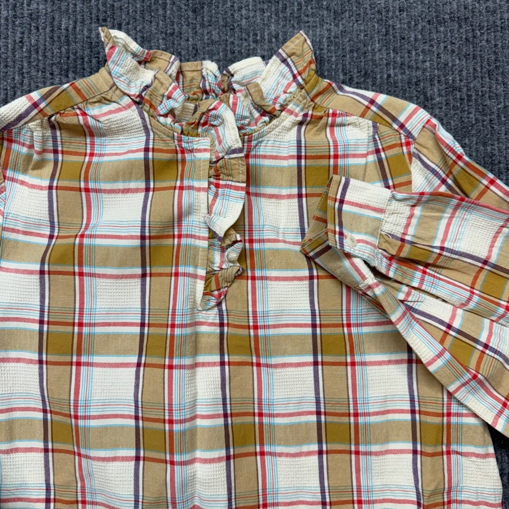 St Johns Bay Womens Medium Plaid Ruffle Neck Blouse Tan Red Long Sleeve